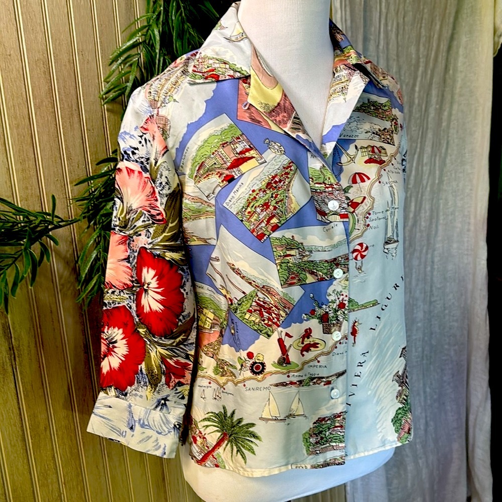Anthropologie Elevenses Silk Italian Riviera Map Cropped Blouse XS NWOT